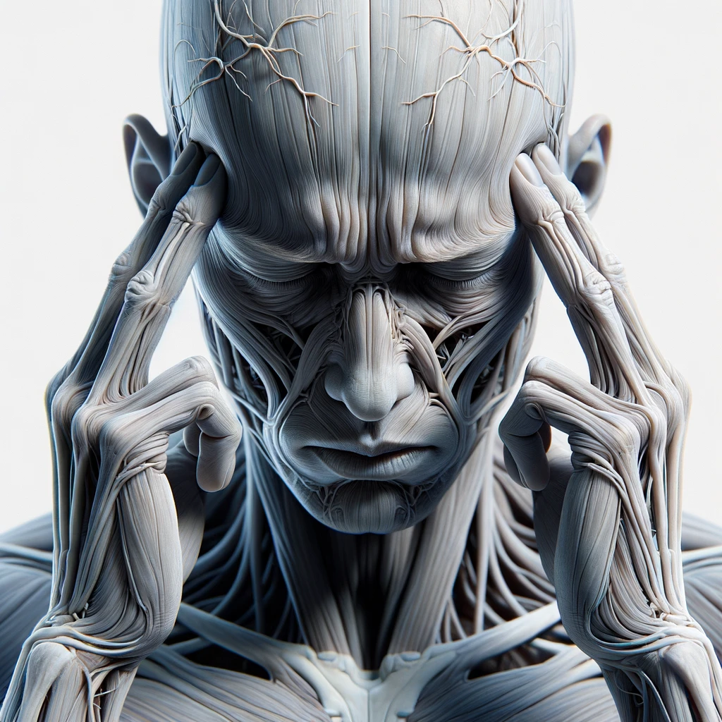 corpo umano anatomico con espressione stanca e stressata in volto, si tiene le dita sulle tempie per calmare il mal di testa, iperrealistico 4k, isolato su sfondo bianco emoji