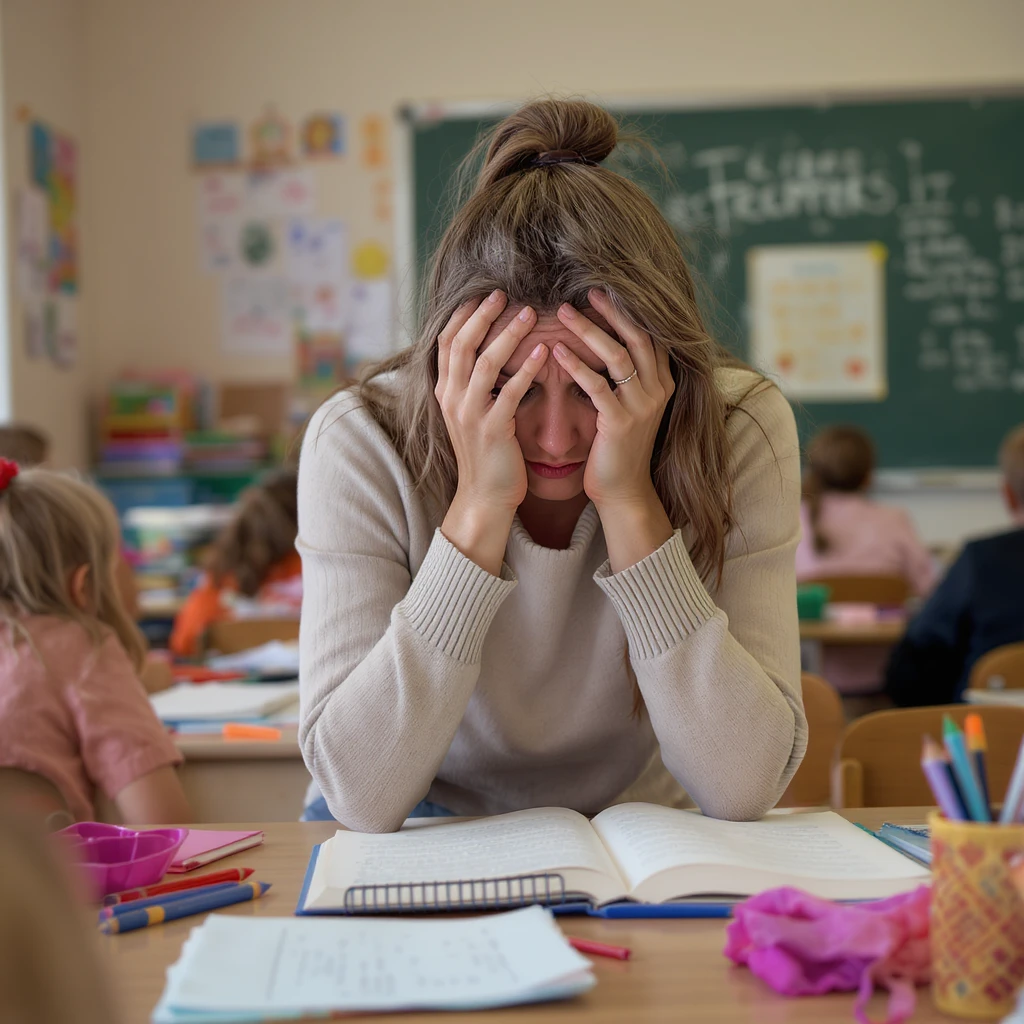 exhausted teacher in a bustling classroom emoji