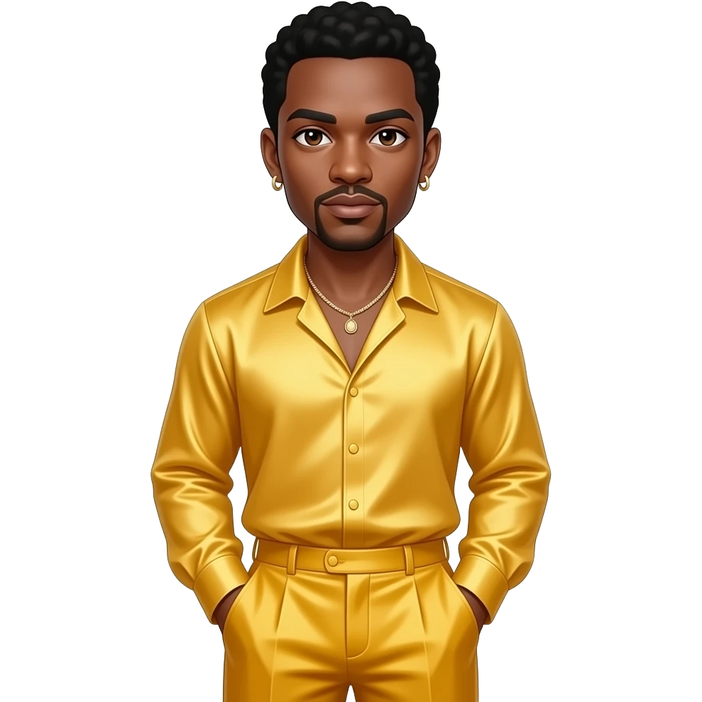 Usher with dark brown eyes, black hair, yellow silk shirt, yellow silk baggy pants, necklace and earrings emoji