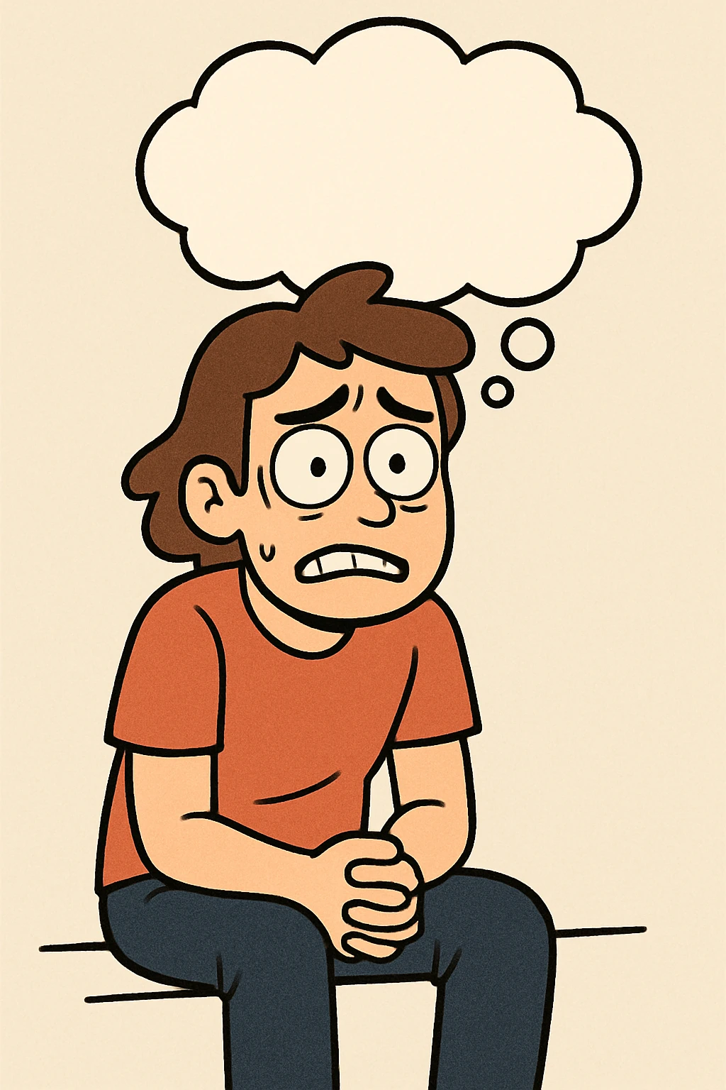a person sitting with a thought bubble, nervous expression, eyebrows raised, subtle fear, modern flat style emoji