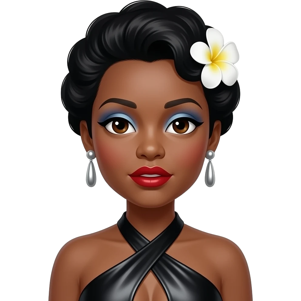 Bille Holiday with dark brown eyes, black pompadour hair with white gardenia, periwinkle eyeshadow, red lipstick, black metallic halter dress, silver earrings emoji
