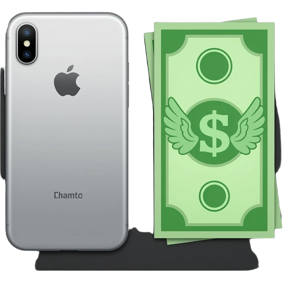 An iPhone, with a banknote with wings next to it emoji