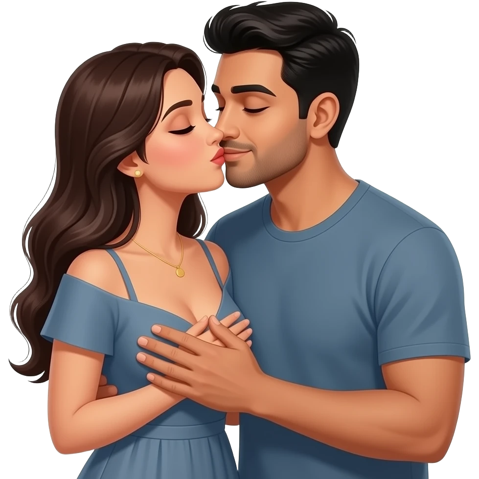 Husband kissing wife lovingly Indian couple modern casual dress. Husband hand on wife chest. Lady low neck, husband no beard no moustache emoji