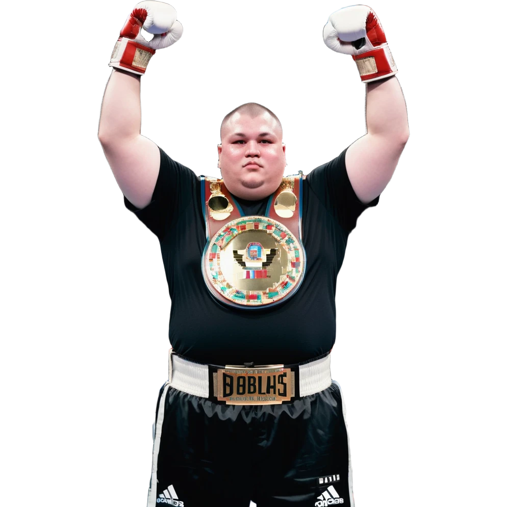 white man with dark hair, dark eyes, buzzcut faded haircut, overweight 100kg boxer, chubby face, stocky build, wearing full black clothes, black adidas boxing gloves, victory pose with arms raised, holding championship belt, upper body only no legs visible, highly pixelated emoji