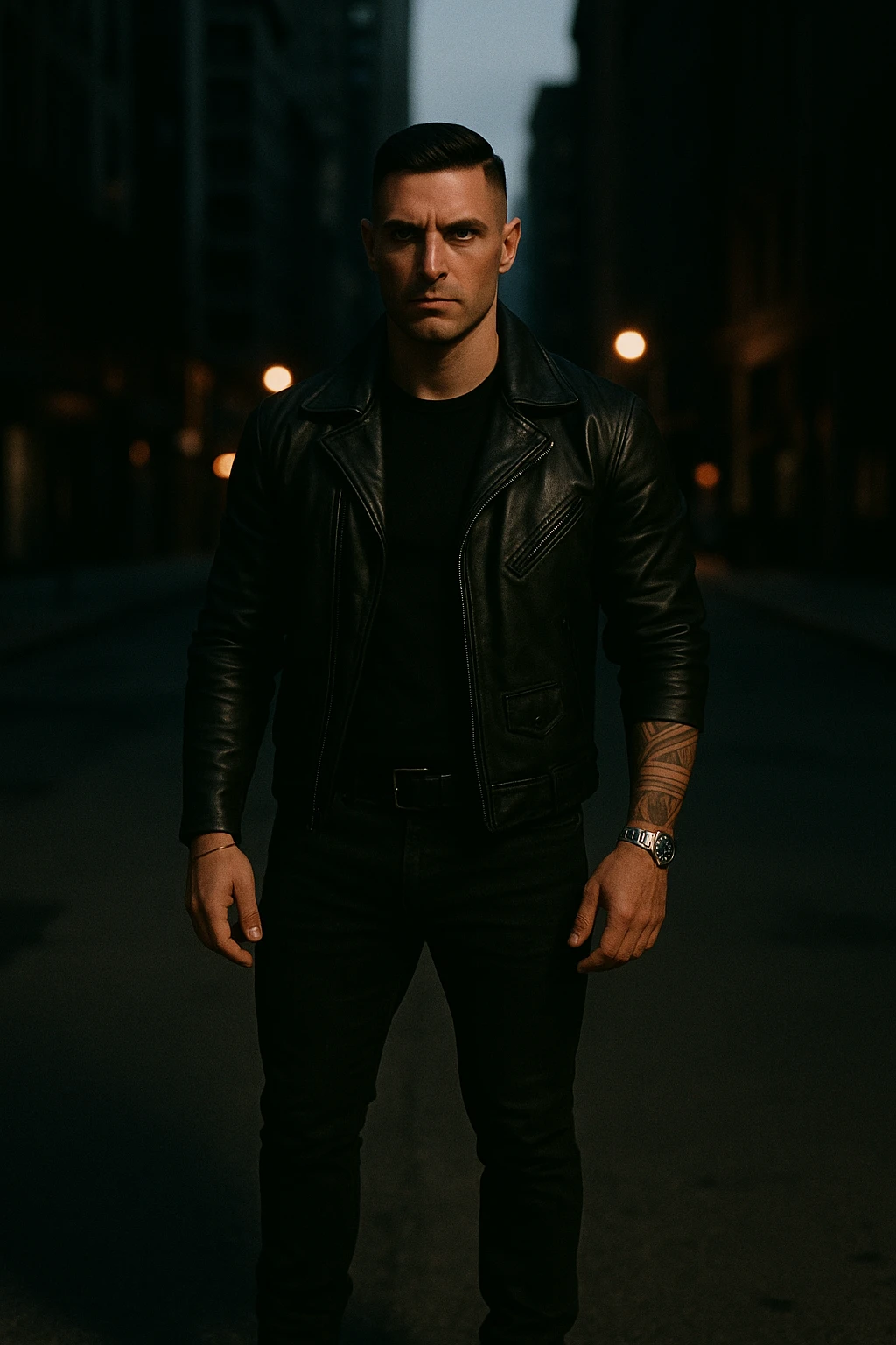 A confident, strong man standing in the middle of a city street at dusk, wearing a black leather jacket and boots, sharp jawline, intense gaze. Radiating masculine energy. Cinematic lighting, moody urban background, dramatic shadows, shallow depth of field. 35mm film style emoji