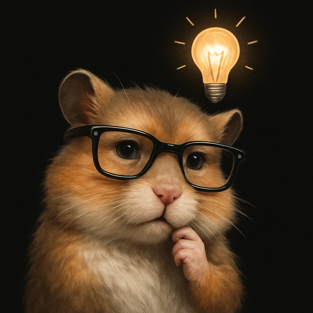 a mature, modern, semi-realistic hamster wearing cool glasses, thinking about an idea with a lightbulb above its head, on a solid black background, not overlapping with other elements emoji