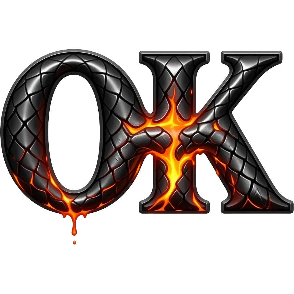 A heavy obsidian letter 'OK' with molten lava flowing through engraved draconic scales. Emitting orange embers and heat distortion. Dark fantasy aesthetic, metallic texture, dramatic shadows emoji