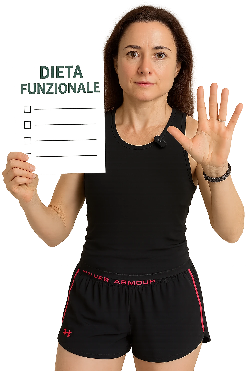 Donna con in mano una dieta con scritto "Dieta Funzionale" emoji