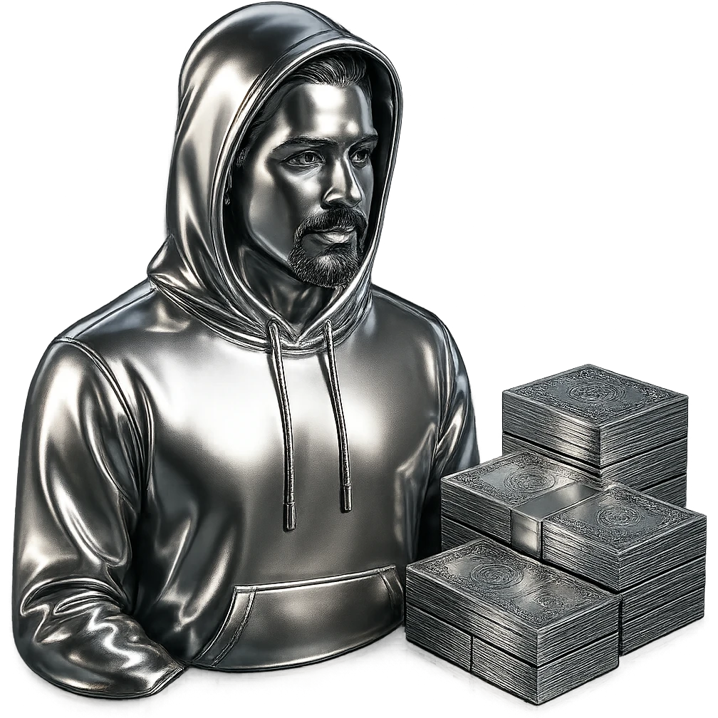 Edit the Indian man to wear a hoodie with a chrome hood, keep his goatee, add money on the side, and make the AMG car chrome. Keep the background transparent. emoji