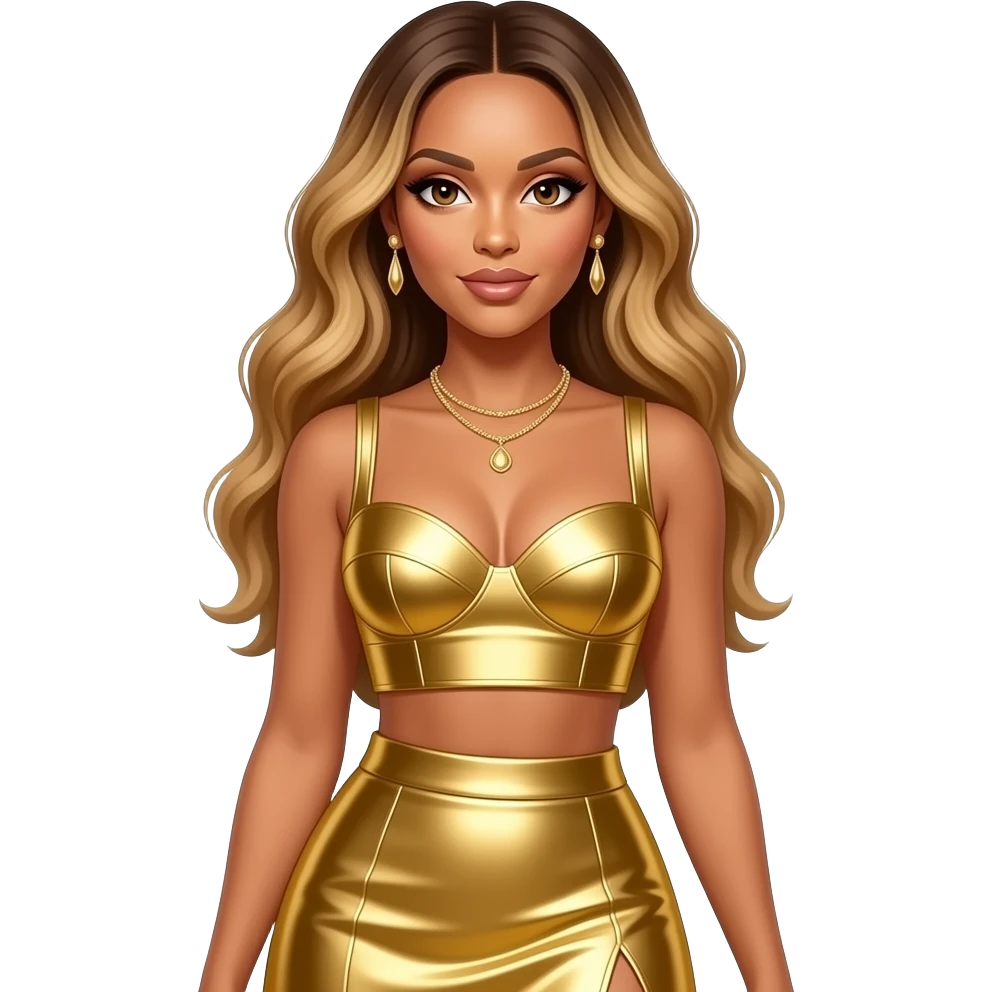 Beyonce with hazel eyes, long golden brown hair with blonde highlights, gold metallic sleeveless sweetheart crop top, gold metallic long skirt, necklace and earrings emoji
