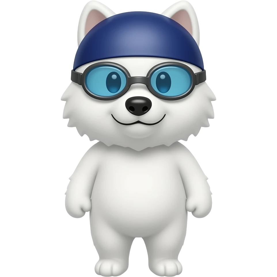 Make a samoyed that has swimming goggles and a swimming cap on , make the ears be inside the cap emoji