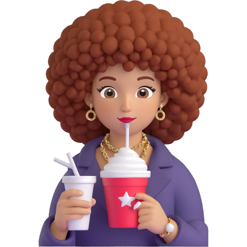3D emoji of a person with a high curly afro, sparkling 'samu' chain, holding a styrofoam cup and a joint emoji