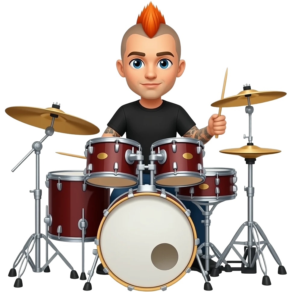 A drummer emoji of a man with orange Mohawk But make him lighter skin with sleeve of tattoos emoji