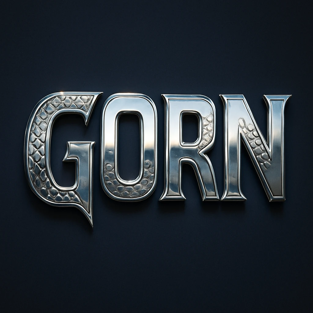 The word 'GORN' in a retro Star Trek style, with metallic letters and a subtle alien motif, referencing the Gorn character. emoji