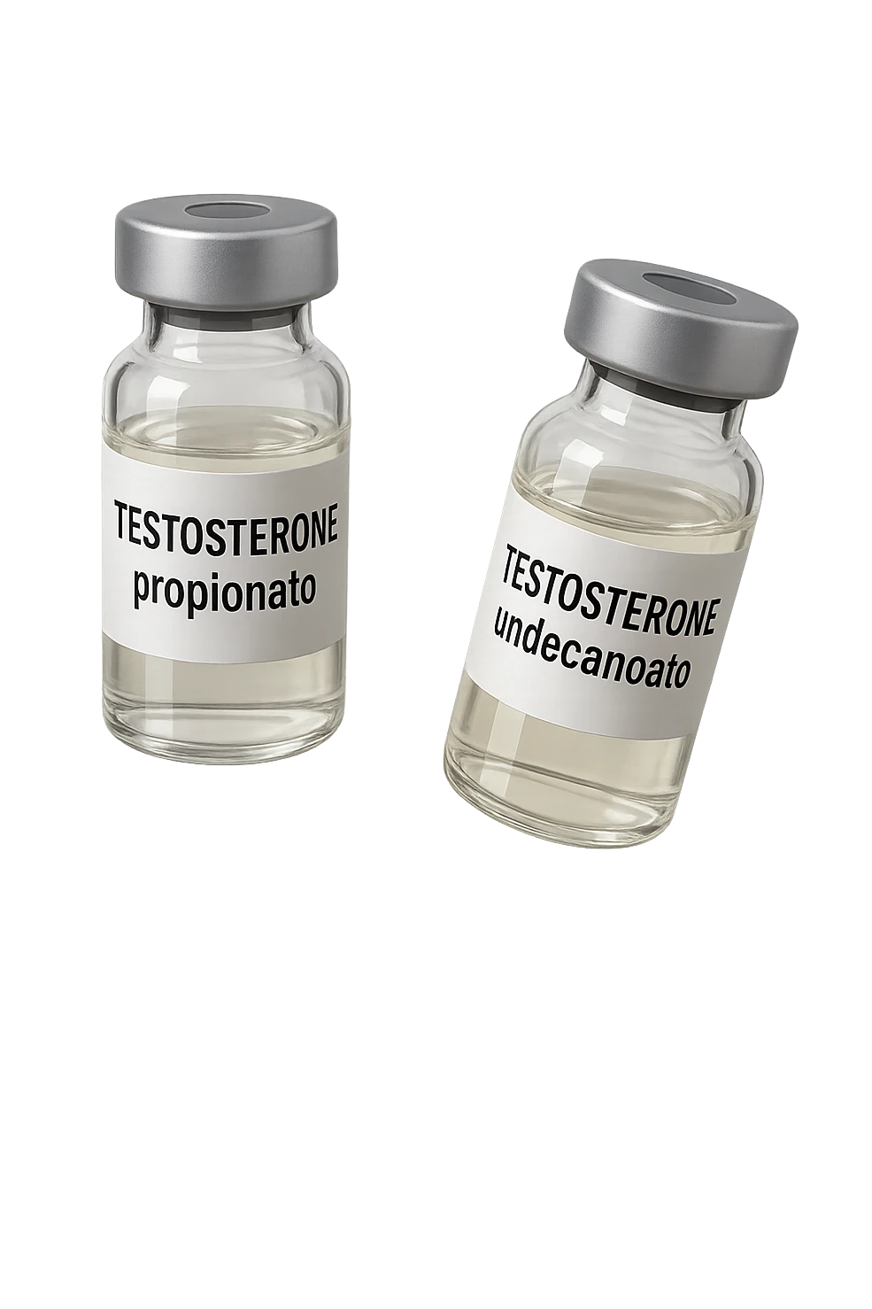 due fiale mediche, una con la scritta "TESTOSTERONE propionato" SULL'ETICHETTA E L'ALTRO CON LA SCRITTA "TESTOSTERONE undecanoato", FLUTTUANO IN ARIA emoji