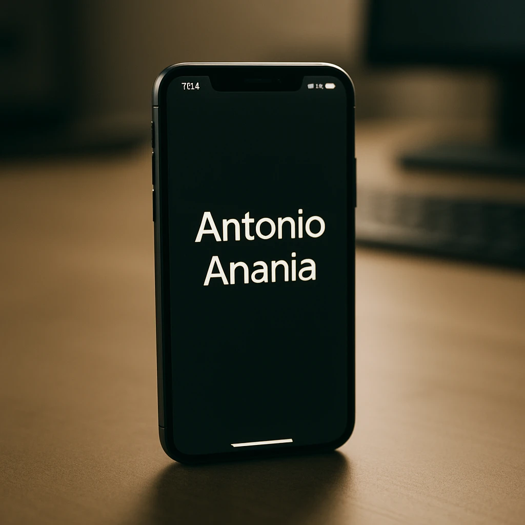 A photo of an iPhone with the message "Antonio Anania" on its screen, The phone sits atop a desk with a blurred background that suggests work environment. A faint glow from above casts gentle shadows across the surface of each object, creating depth and highlighting their textures. emoji