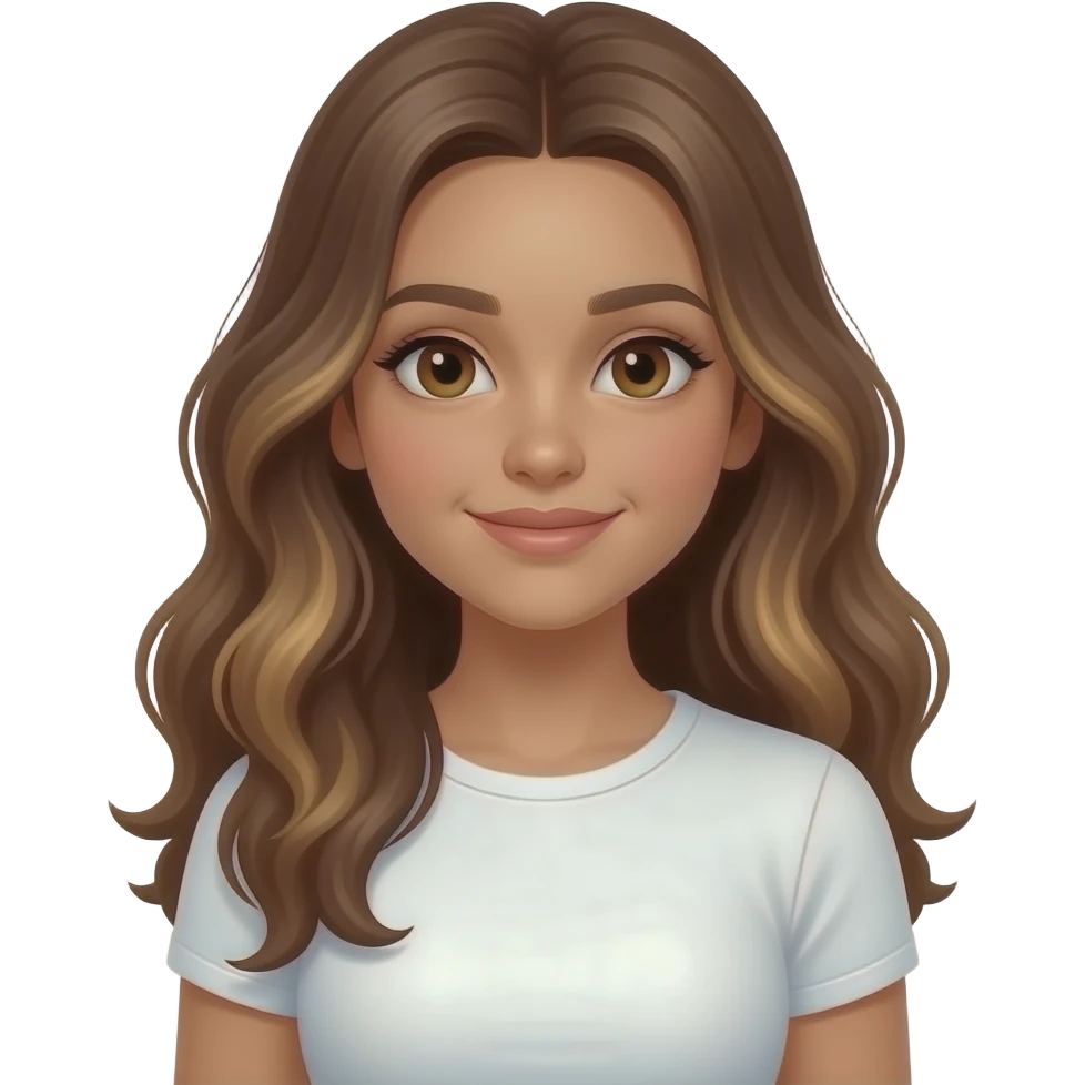 a 13 year old girl long pretty wavy brown hair light brown highlights tan skin white tight shirt emoji