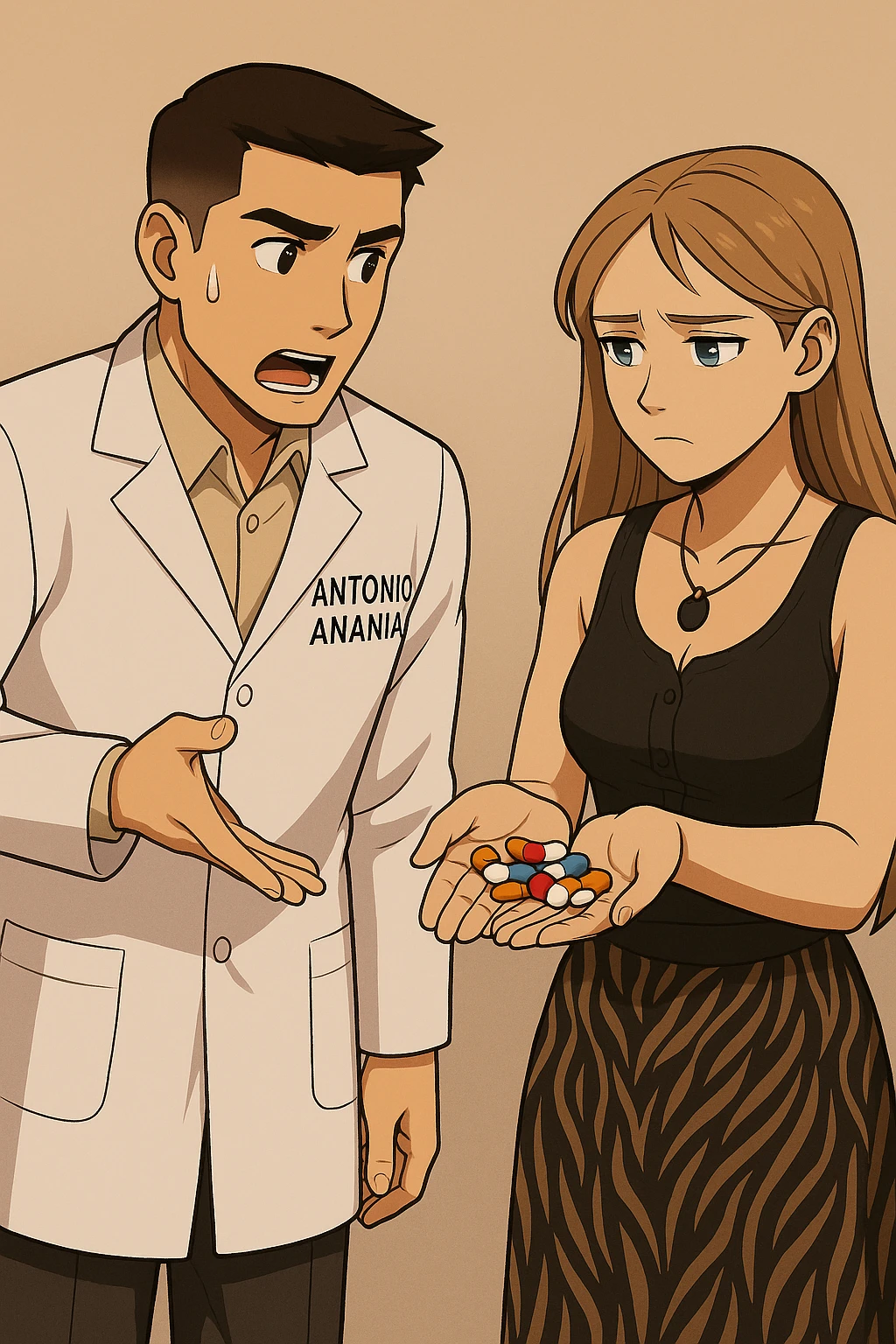 fai un webtoon/manga a colori con questo kinesiologo in camice bianco (fagli la scritta "ANTONIO ANANIA" SUL CAMICE) CHE PARLA CON QUESTA RAGAZZA CON GLI OCCHI AZZURRI. la ragazza gli fa una domanda e IL KINESIOLOGO CON IL CAMICE BIANCO LE risponde. NON FARE I FUMETTI, FAI SOLO LORO COME SE DIALOGASSERO emoji