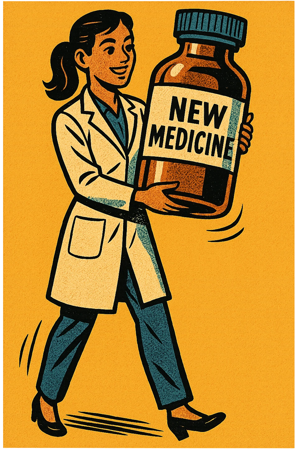 A full body image of modern day female scientist holding a large medicine bottle which is labelled 'New Medicine' emoji