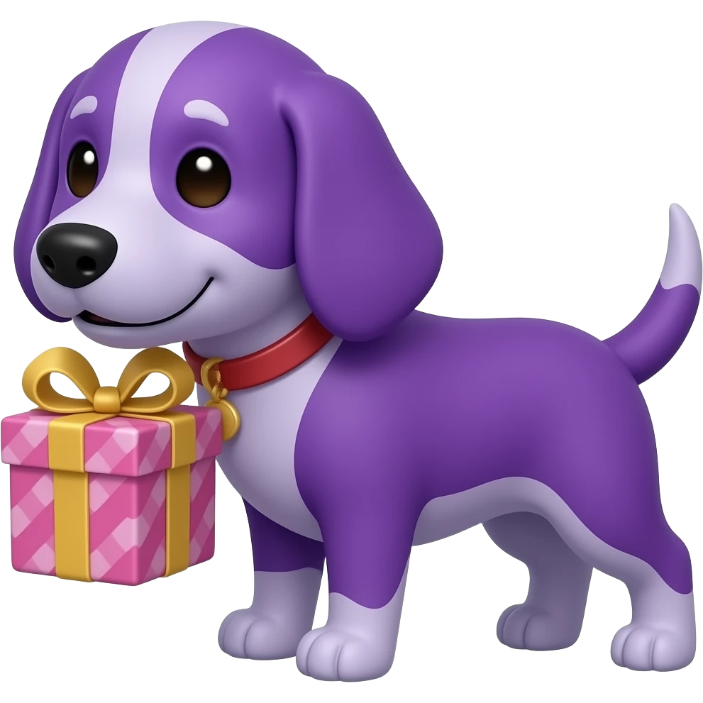 Perro morado dando un regalo estilo de frente emoji