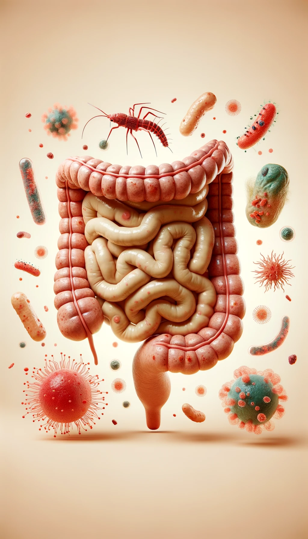 intestino umano anatomico con batteri e parassiti che gli fluttuano dietro, sfondo beige chiaro emoji