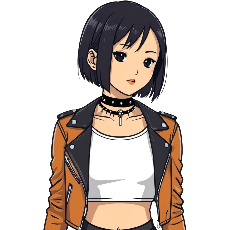 A asian girl with Black eyes and black straight hair with a bob with a black spiked chocker with white tank top with a leather jacket on emoji