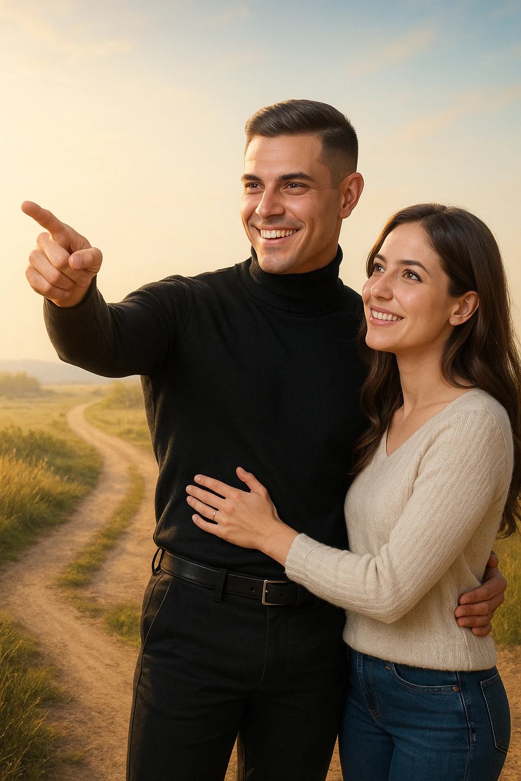 a couple stands at a crossroads, the man pointing confidently toward a direction while the woman looks at him with trust and optimism. Both are illuminated by soft, uplifting light, representing faith in each other’s strengths and the positive outcomes of working together. emoji