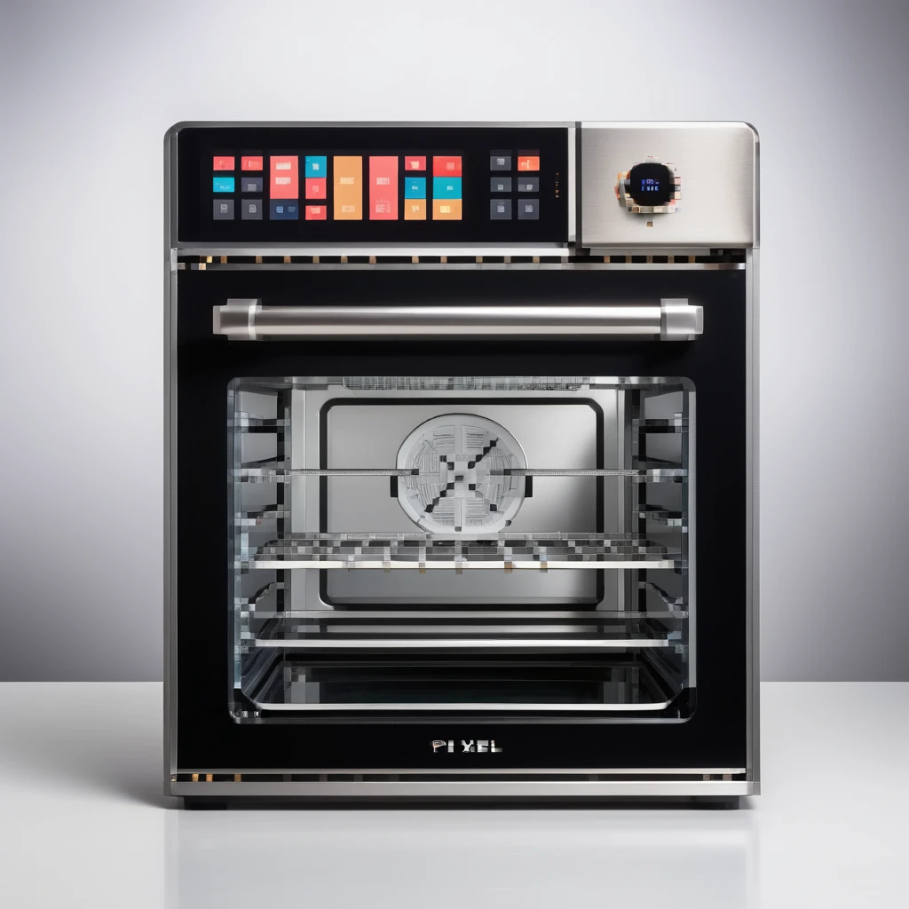 Ein mechanischer Bäcker mit Edelstahlkörper, eingebautem Rührarm, LED-Anzeigen und Touchscreen-Ofen. Die UI ist aus gebürstetem Metall, mit Schrauben, Schaltern und digitalen Displays im Retro-Stil. emoji
