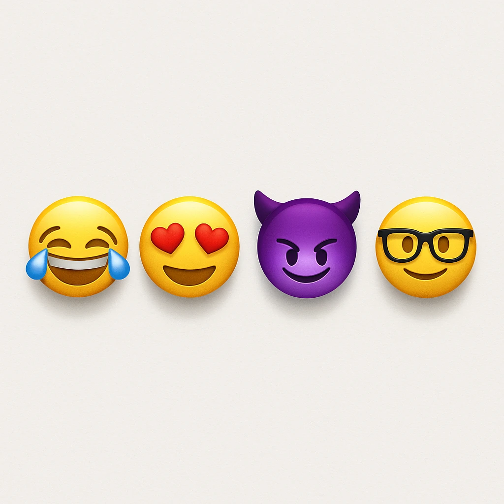 make four emojis on white background with good amount of shadow, four emojis of smiley's only. one laughing, second heart eyes, third purple devil and four black glasses emojis  emoji