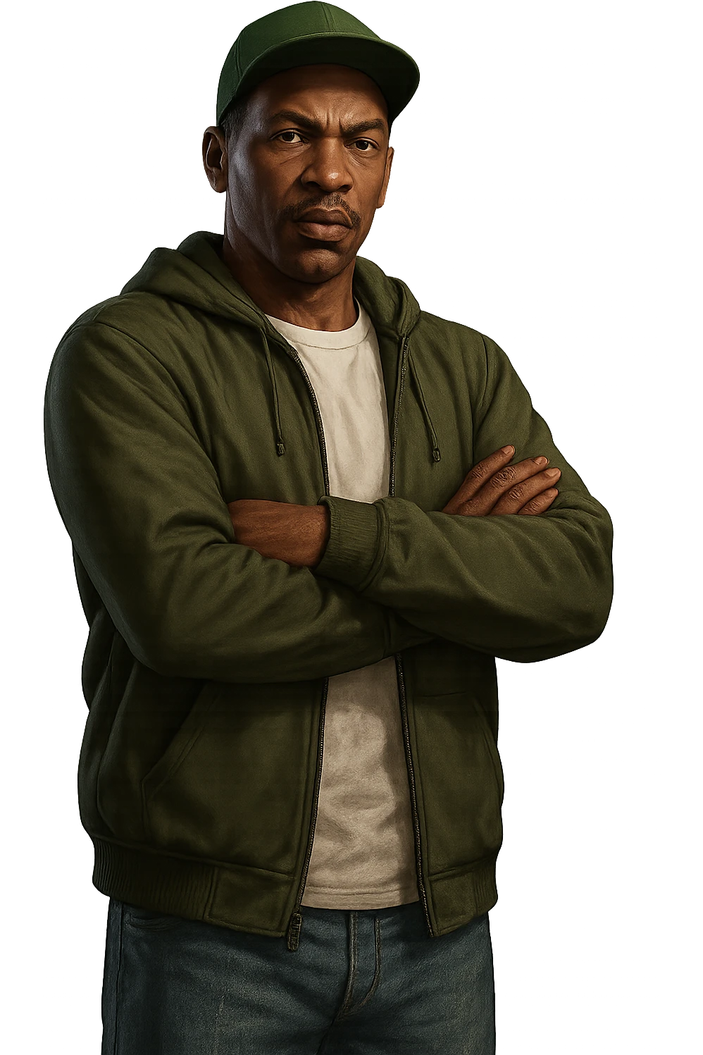 CJ from GTA San Andreas in GTA5 style, crossing arms, urban streetwear, realistic, no background emoji