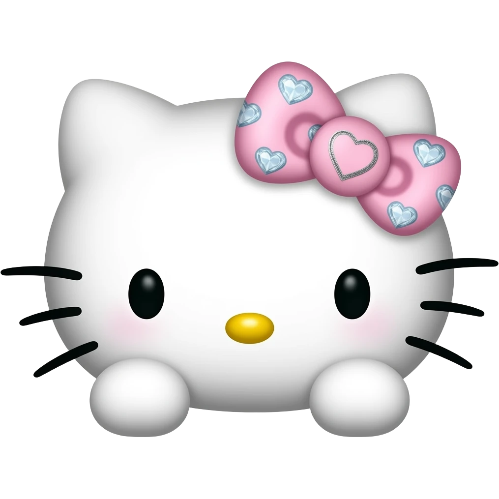 hello kitty head with two front paws and a pink and white bow with small heart shaped diamonds on it emoji