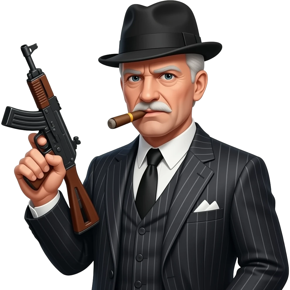 Old old white haired gangster with cigar wearing pin stipe suit and trilby carrying machine gun emoji