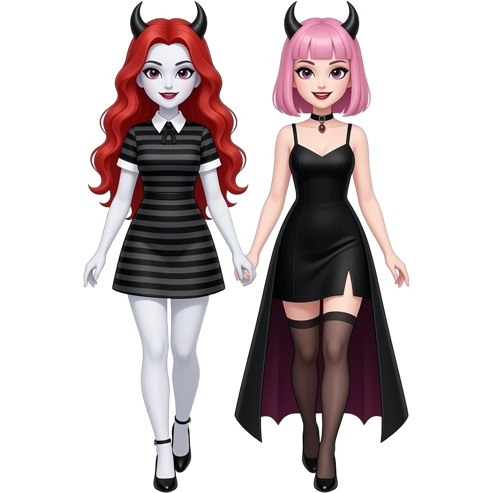 Vampiro femmina ADOLESCENTE con pelle bianca e capelli rosso ondulati lunghi che indossa un tubino a strisce nere orizzontali e il colletto con le maniche cortee bianche e dei tacchi neri che cammina insieme alla sua amica VAMPIRO femmina che ha i capelli rosa e frangia emoji