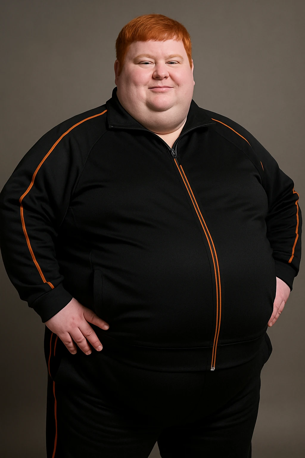 Extremely fat man with orange hair wearing black tracksuit with orange lines emoji