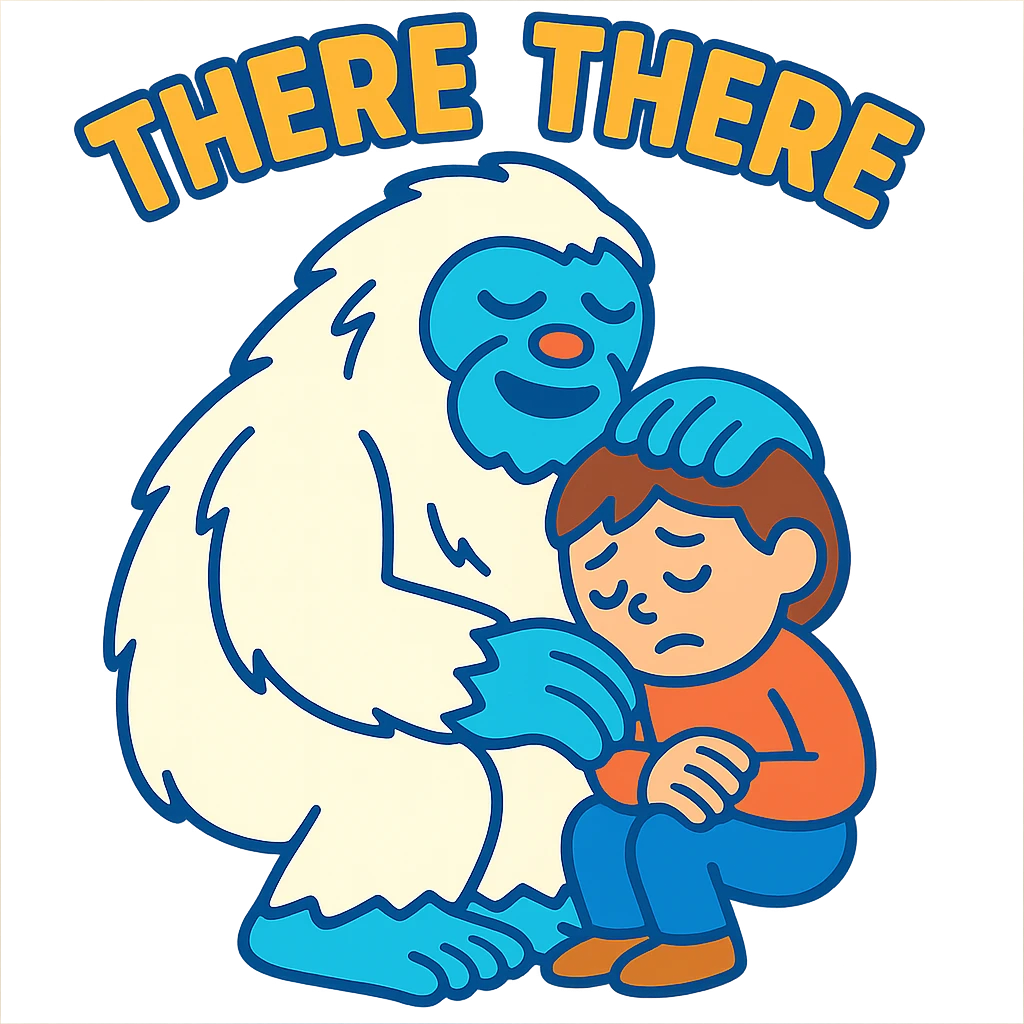 abominable snowman comforting a child, with the words 'there there', vibrant toon style, suitable for YouTube emoji
