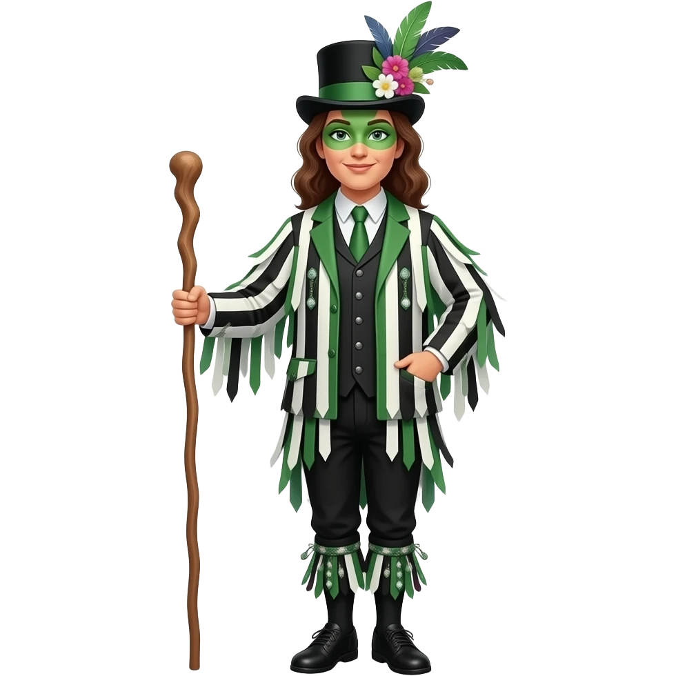 Female Morris dancers carrying a stick with a ragged jacket in black white and green stripes with the occasional piece of sparkly fabric. A top hat decorated with feathers and flowers and green face paint.. emoji