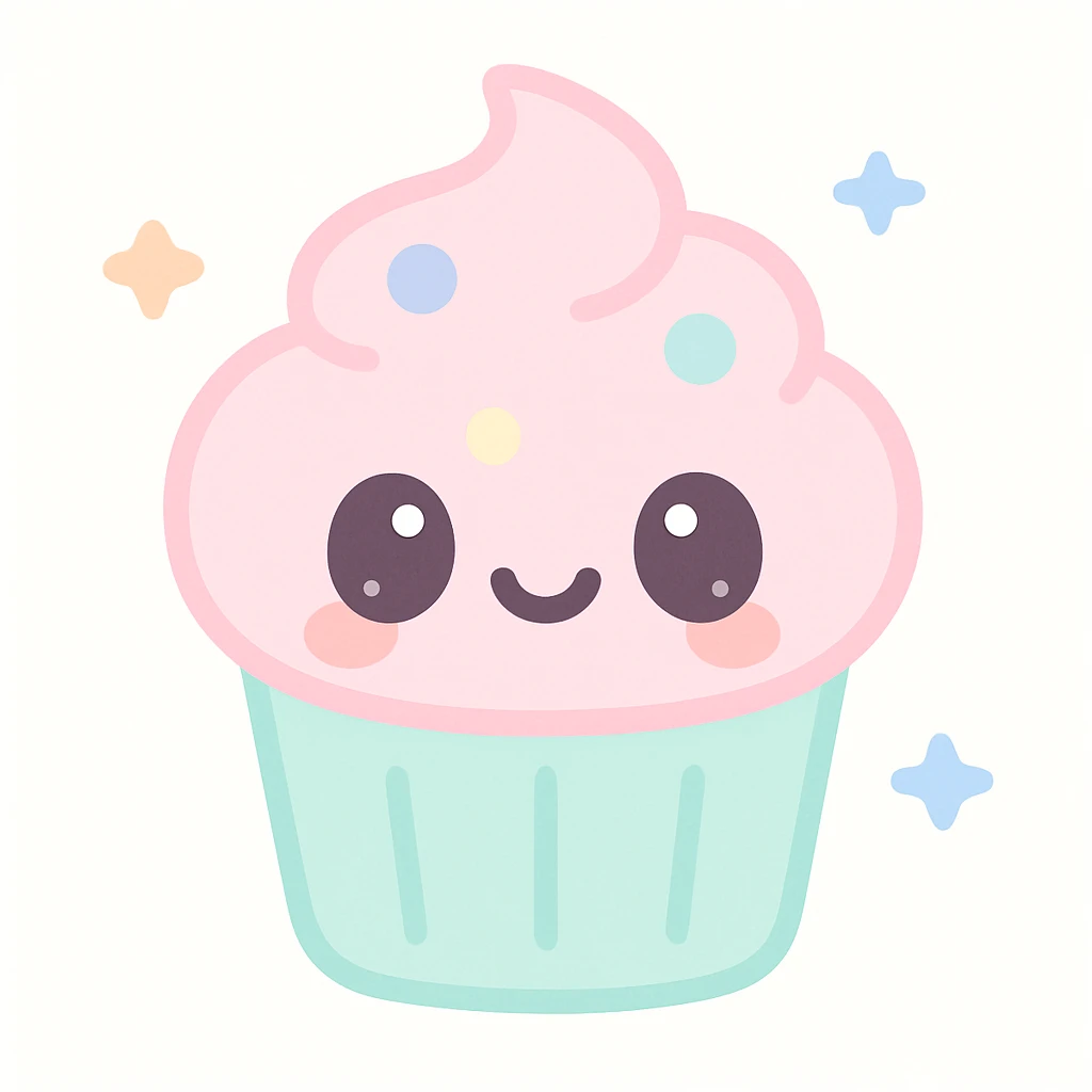 cupcake with pink icing, pastel colors, kawaii face emoji
