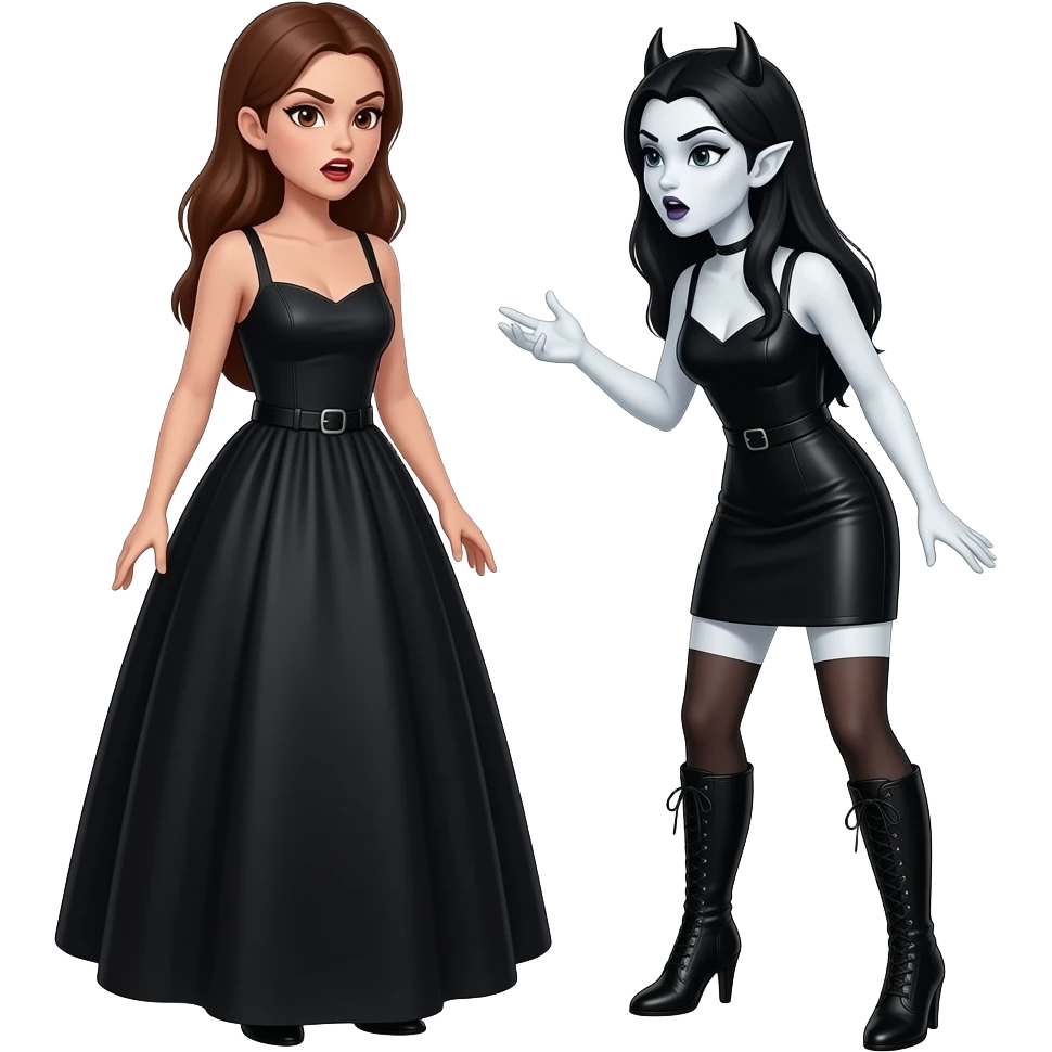 Vampiro femmina adolescente con pelle bianca che indossa un tubino nero e degli stivali lunghi neri con tacco che parla ARRABBIATA con la madre che indossa un vestito stretto in vita e largo sotto emoji