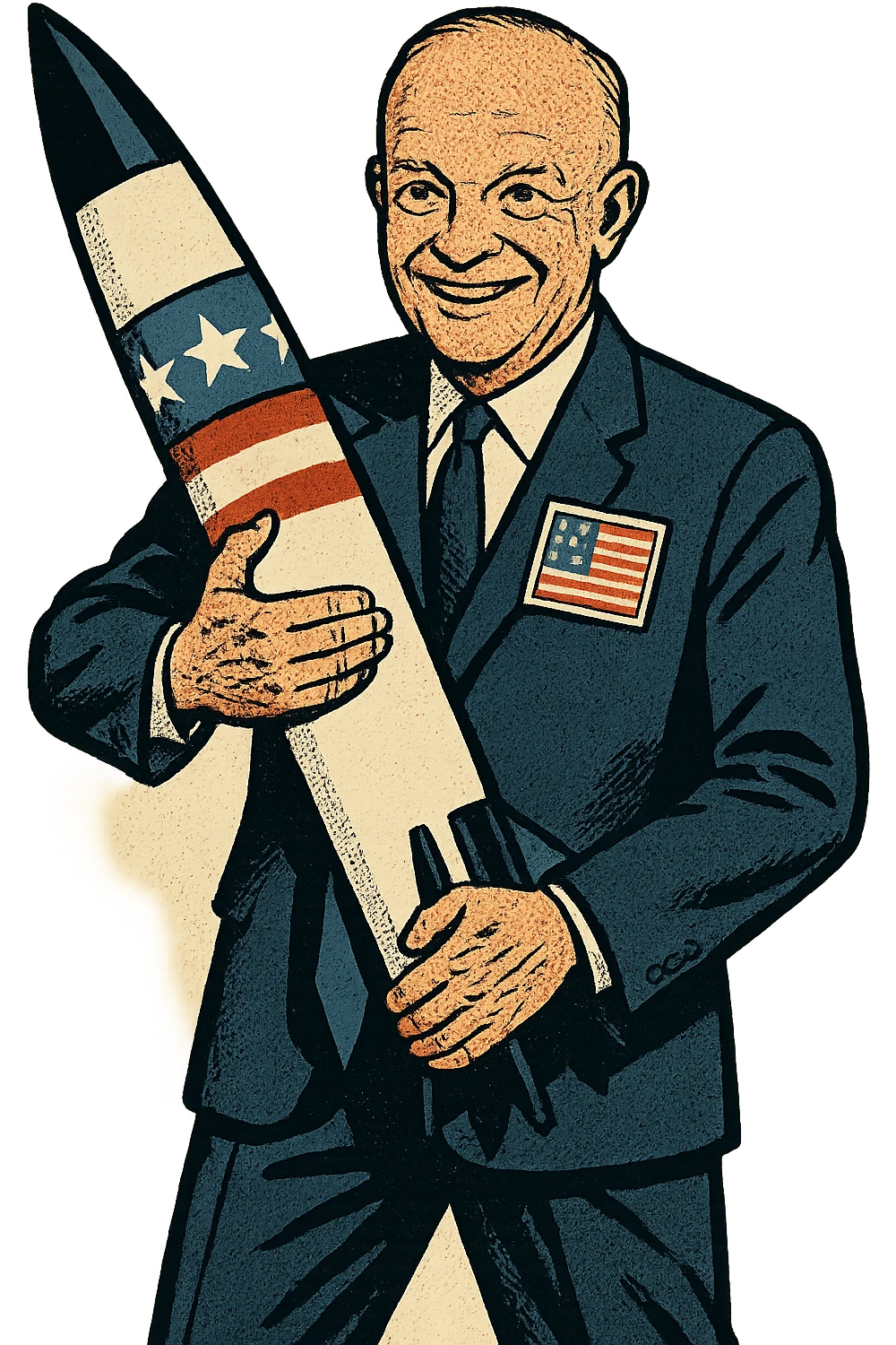 a full body of US president Eisenhower who is smiling and wearing a suit with a large USA flag badge. He is holding an American nuclear missile close to his body emoji