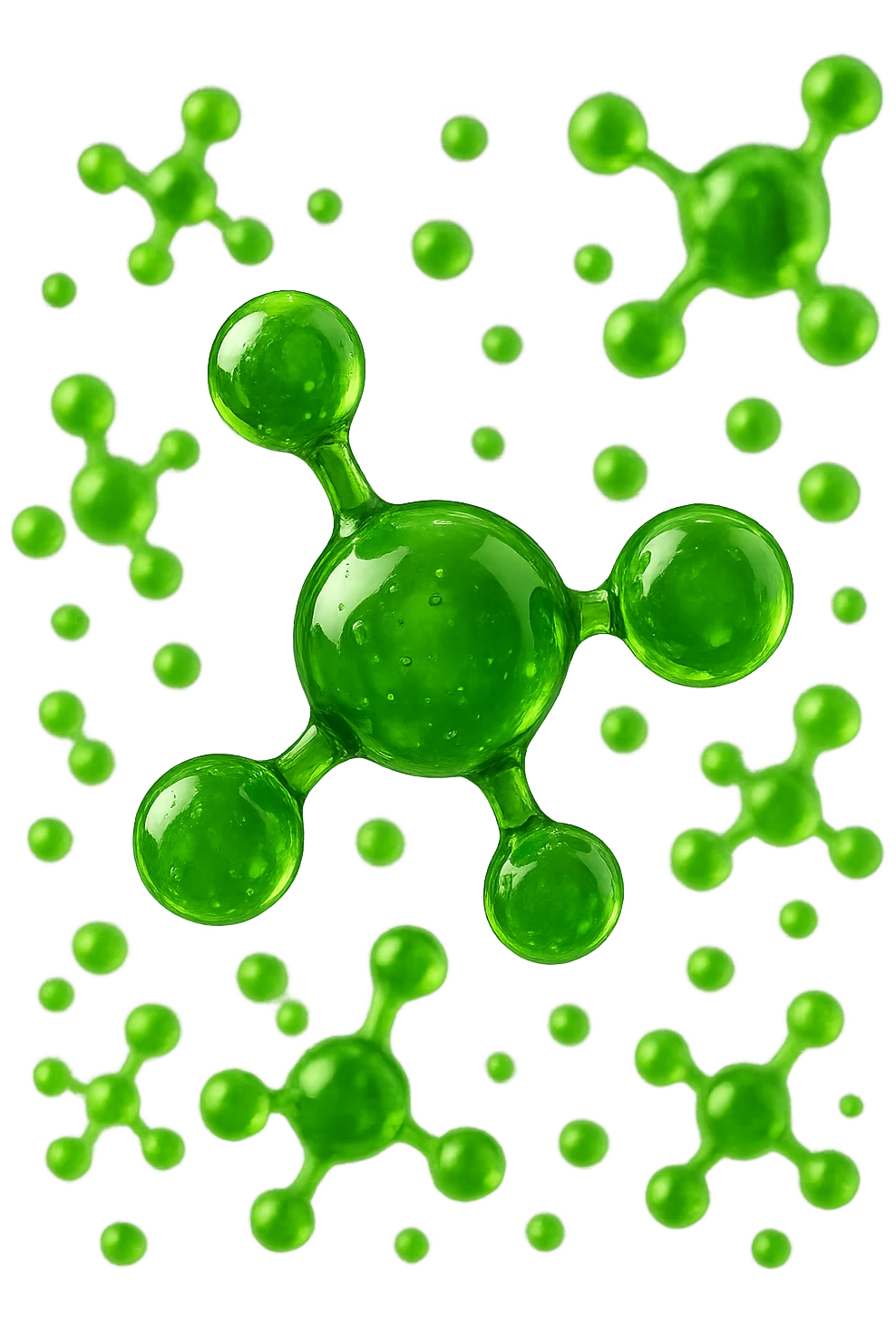 molecole chimiche verde acido fluttuano in aria, iperrealistiche 4k emoji