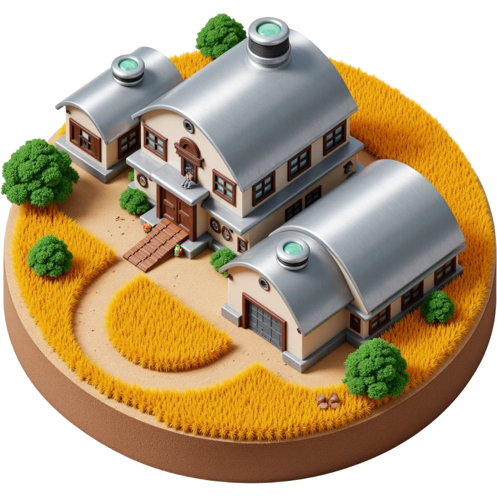 Modern robotic farm in skeuomorphism style, metallic buildings on visible soil, golden wheat fields, harvest robots, glowing pipes, emoji-style emoji