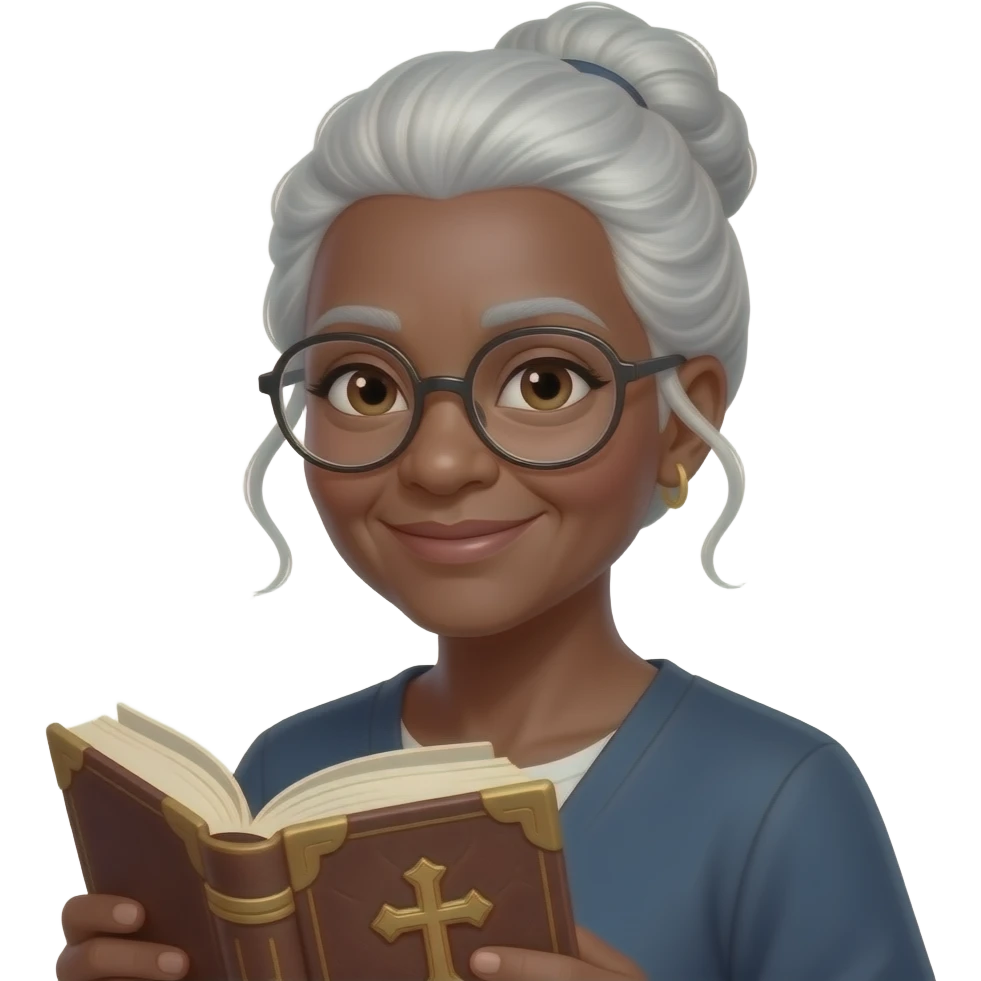 wise old woman with white hair in a bun black skin glasses smile with book that has a cross on it emoji