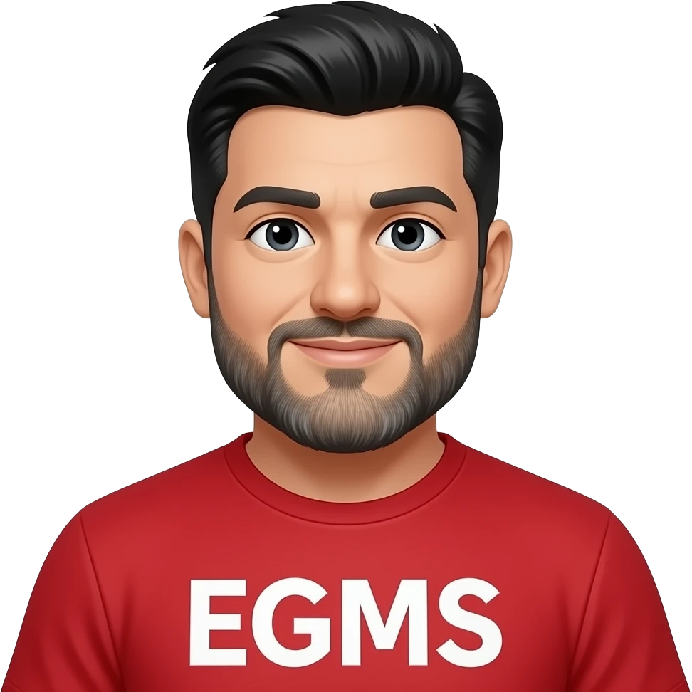 man kinda Chuncky with black hair grey beard and shirt that says EGMS in red emoji