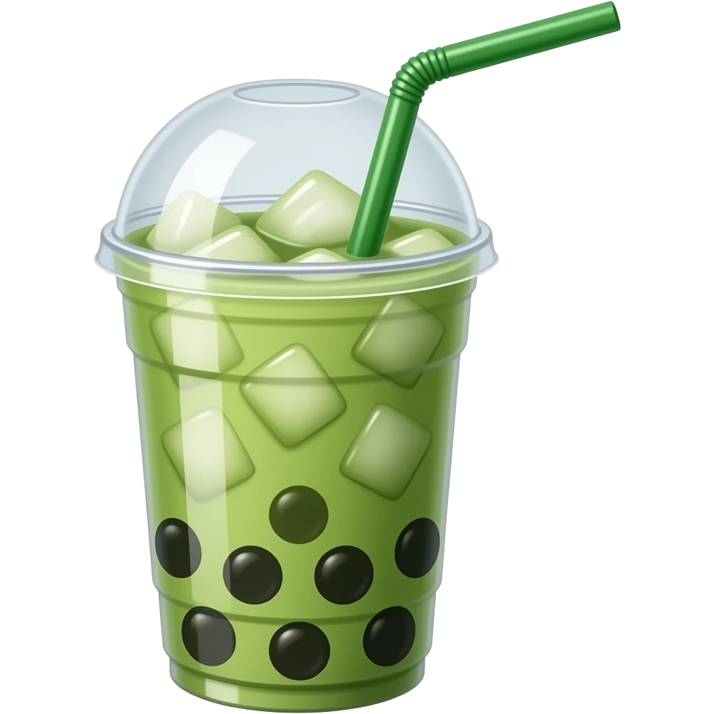 Green matcha cold with ice and straw in a takeaway glass green straw and boba emoji