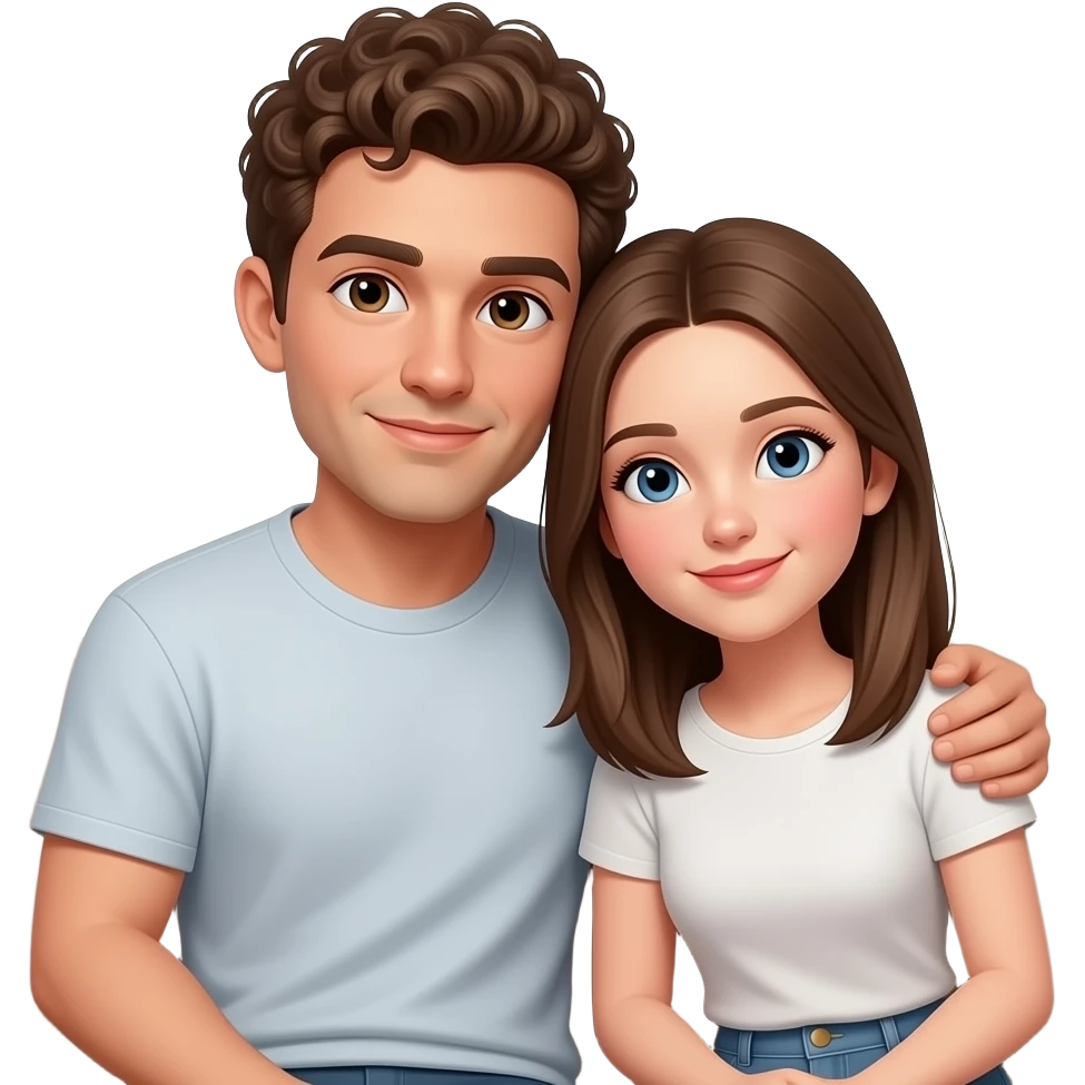 Realistic white man brown super short curly hair cuddling with realistic white girl brown straight hair on couch emoji