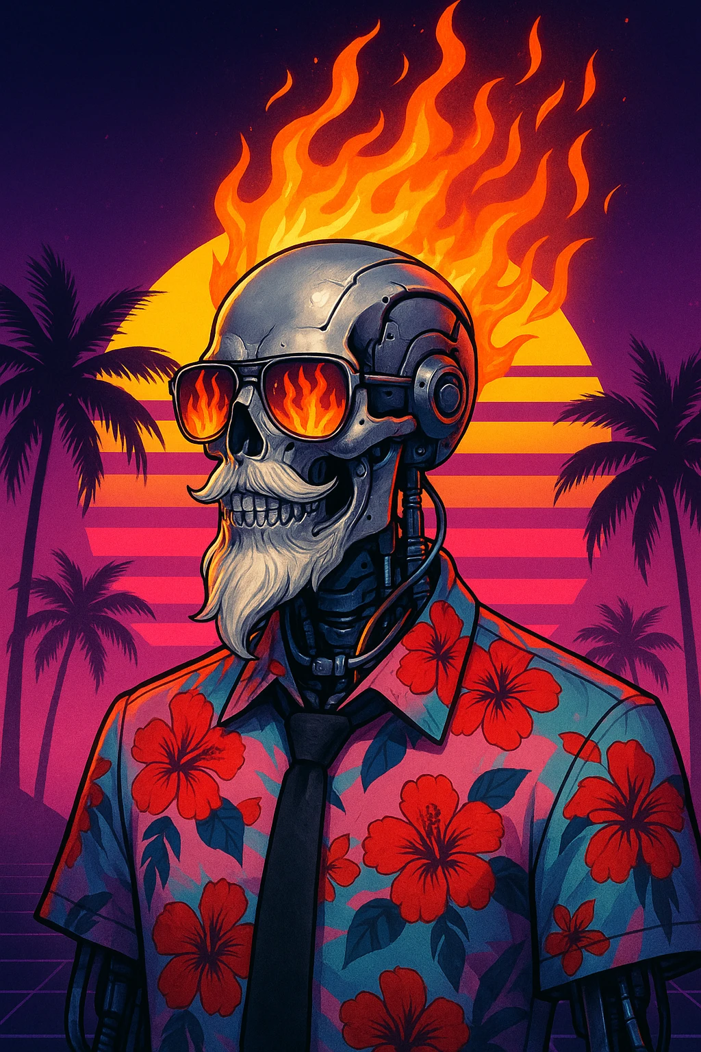 A cybernetic humanoid skeleton with a metallic silver skull, visible mechanical components, and a stylized white beard. The figure wears reflective sunglasses showing flames, with vivid orange and red flames erupting from the head like a mane. Dressed in a Hawaiian shirt with red hibiscus flowers on a pink and blue gradient, and a black tie. Mechanical parts and glowing tubing are visible under the collar. Background: synthwave sunset with a large stylized sun, neon gradients, and silhouetted palm trees. Style: cyberpunk, vaporwave, retrofuturism. emoji