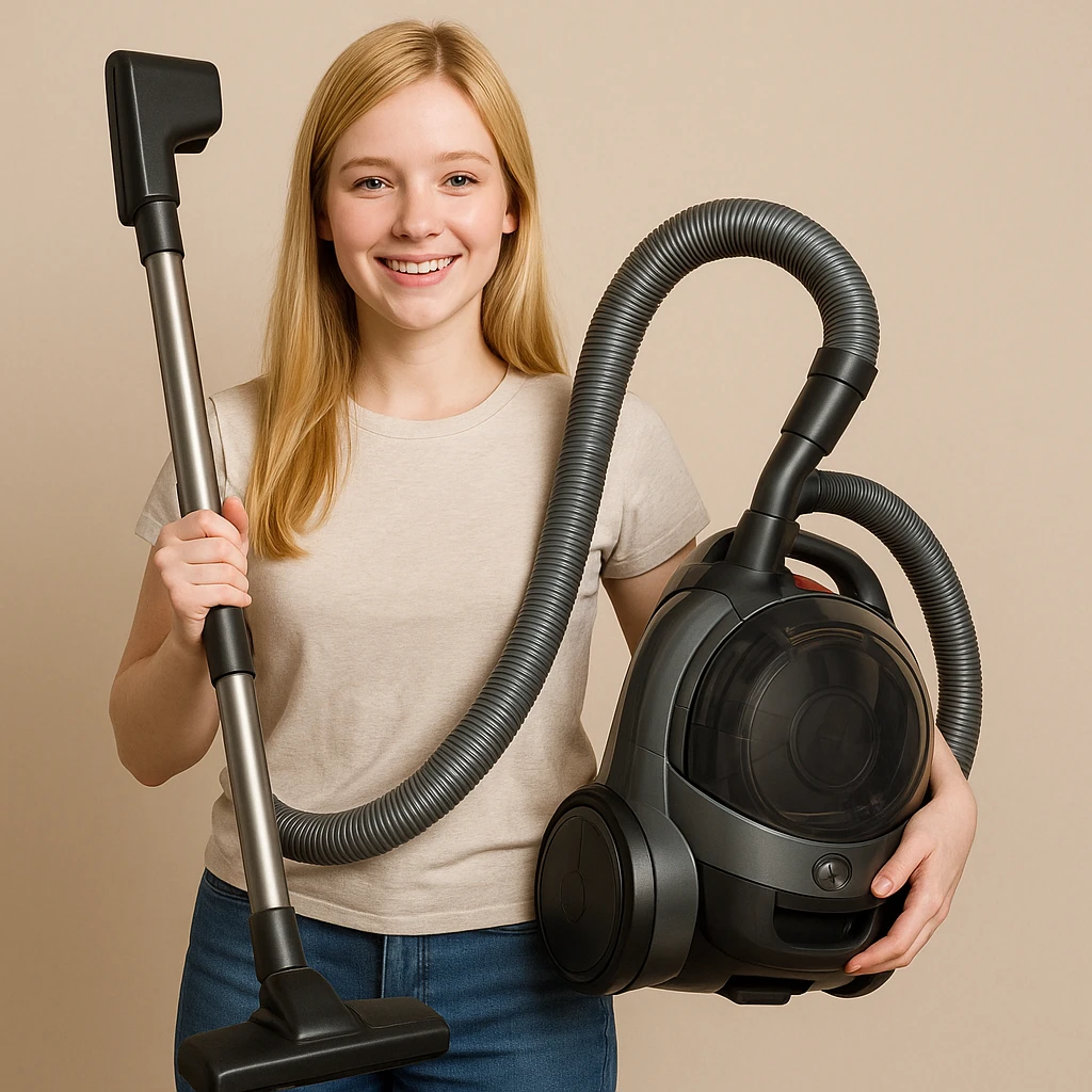 white girl with blonde hair holding a vacuum cleaner, style 2 emoji