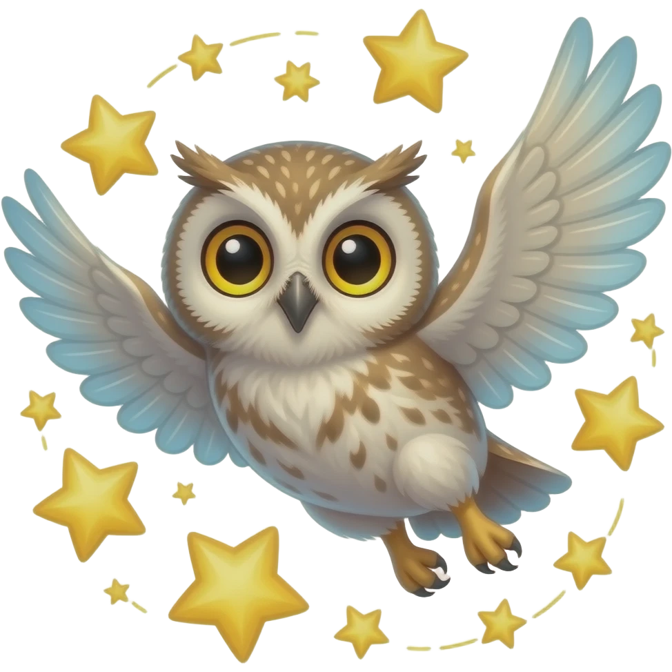 A baby owl, flying through the stars emoji