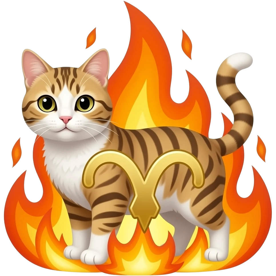 cat surrounded by flames with aries symbol emoji