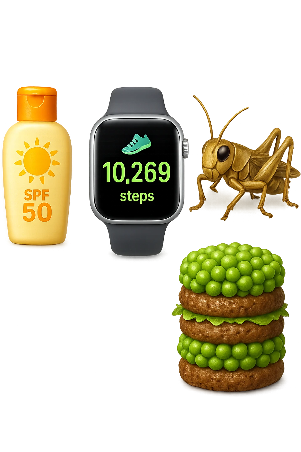 emoji stile iphone di una boccetta di CREMA SOLARE, UNO SMARTWATCH CONTAPASSI, UN GRILLO, UNA TORRETTA DI HAMBURGER FATTI CON I PISELLI, IPERREALISTICO 4K emoji